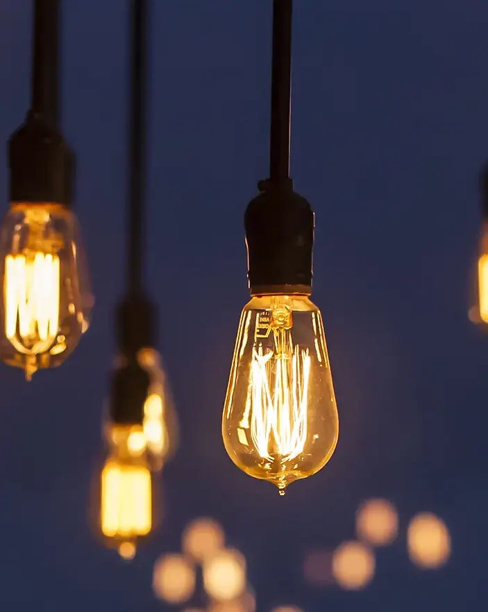 String lights focused on light bulbs